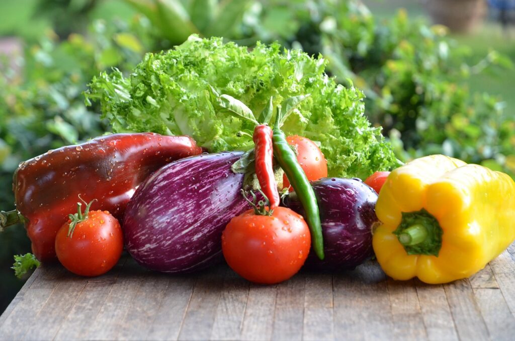 Tomatoes, peppers, aubergines, chilli peppers and lettuce on a table.