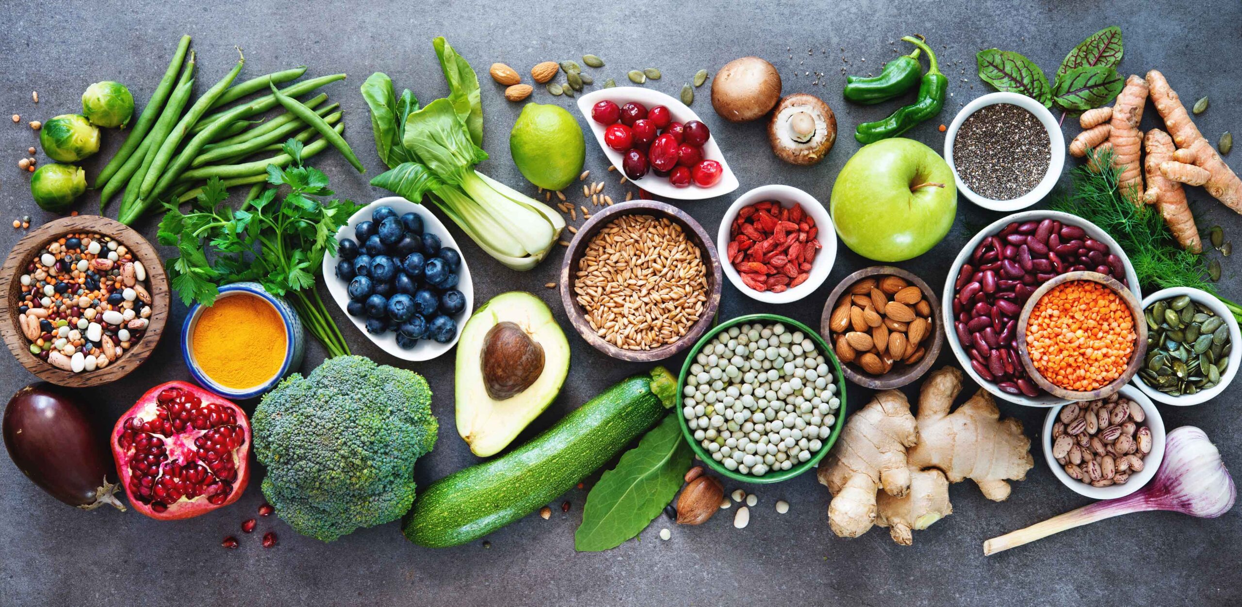 Fruits, seeds and vegetables.