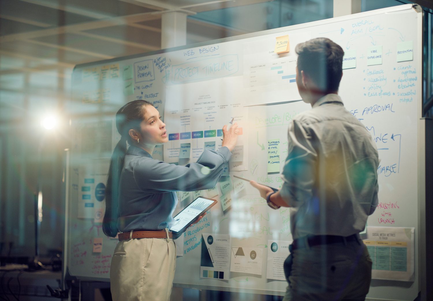 A woman and a man brainstorming on a whiteboard.