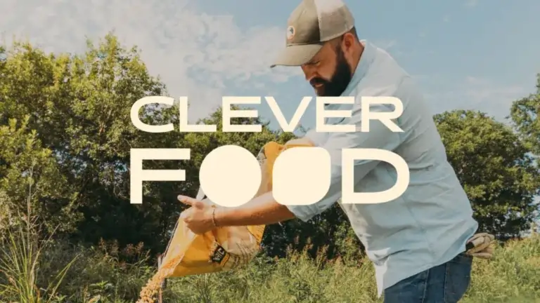 A man sowing seeds in a field and the CLEVERFOOD logo.