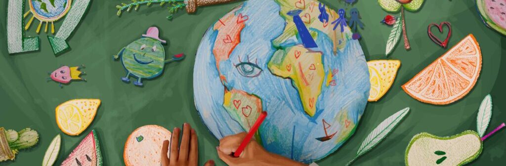 Hands drawing the Earth, fruits and vegetables on cut-ot paper