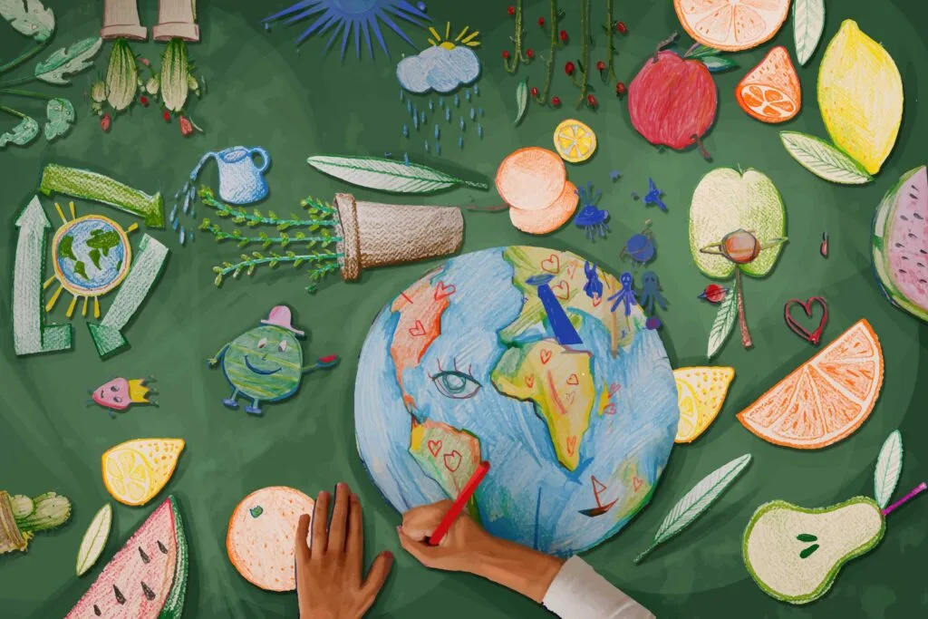 Hands drawing the Earth, fruits and vegetables on cut-ot paper.